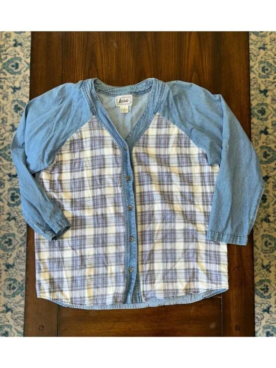 Lajate Denim & Plaid Flannel Button Down Shirt Shacket Womens Large 80s Vintage - Picture 6 of 9